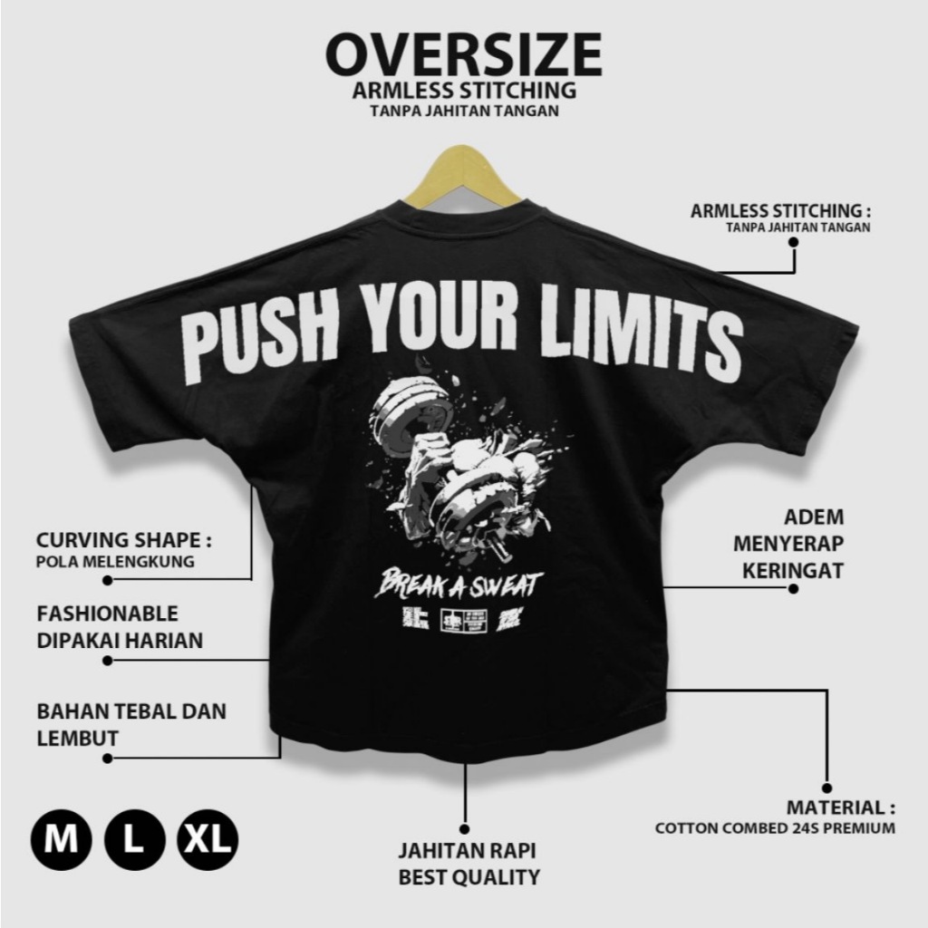 SMR APPAREL - ขนาดใหญ่ Push Your Limuts ผ้าฝ้าย Combed 24s เสื้อยืดสําหรับผู้ชายและผู้หญิงผู้ใหญ่ออกกําลังกายยิม