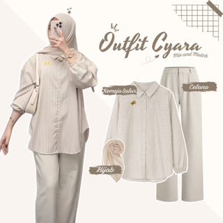 Setelan Wanita Bangkok Style One set ( Blouse kemeja salur Cream + Celana Hightwaist Hijab ) AM210N