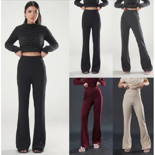 Flare Pants Highwaist Cutbray Wanita Rib Knit Premium Melar Stretch Cutbray Wanita