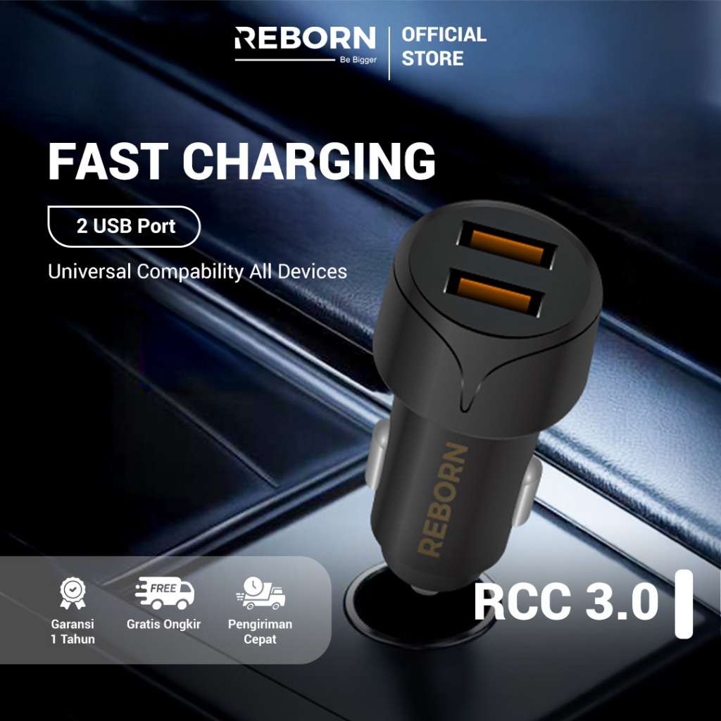 Reborn RCC3.0 L ที่ชาร์จแบตในรถ 2 พอร์ตอะแดปเตอร์ชาร์จเร็ว 3A และสาย Lightning / พอร์ต USB คู่ (A)