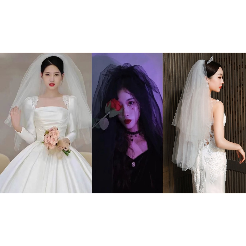 2 ชั้น 80 ซม. SR141 Helena New Vintage Black White Veil Halloween Plain Black Party Veil