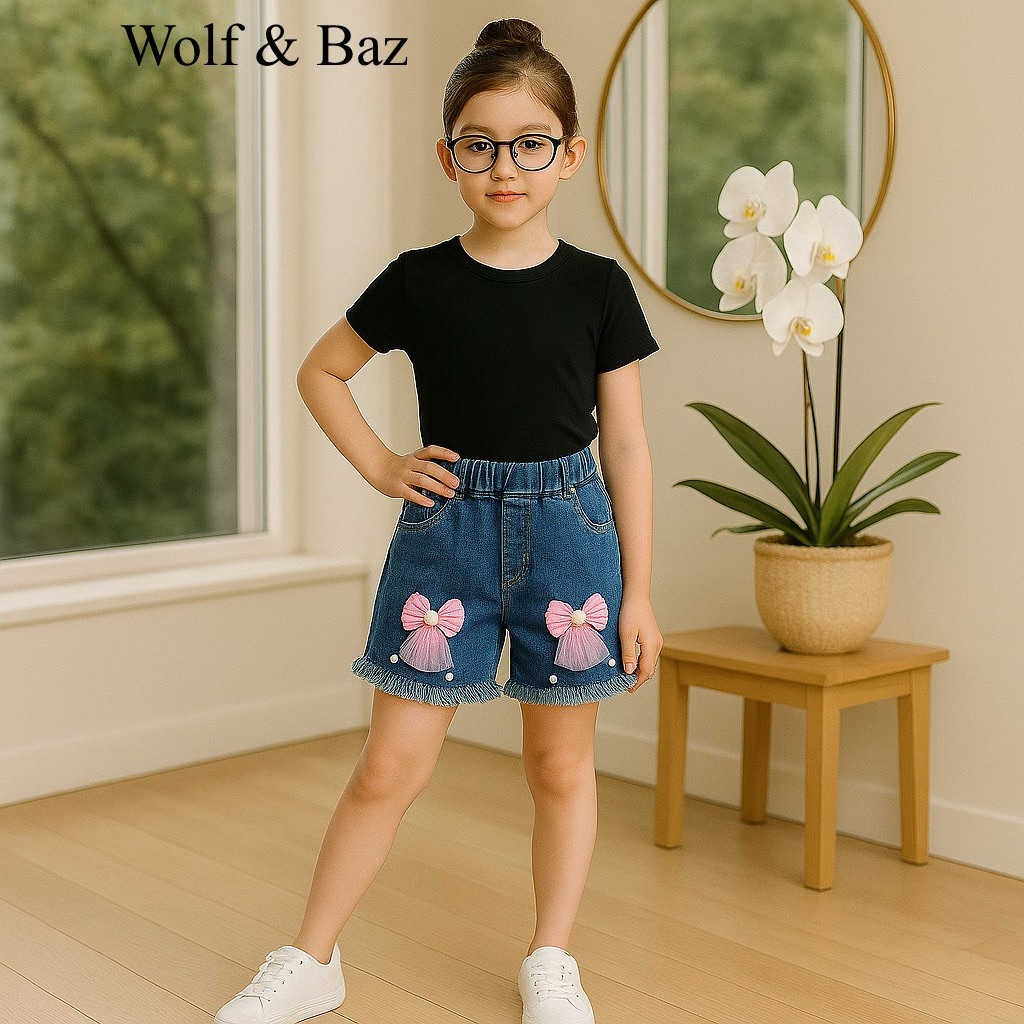 Wolf & Baz - ชุดเด็กผู้หญิง Premium Plain T-Shirt & Jeans Hotpants Softjeans Ribbon Motif – สีชมพู/ข