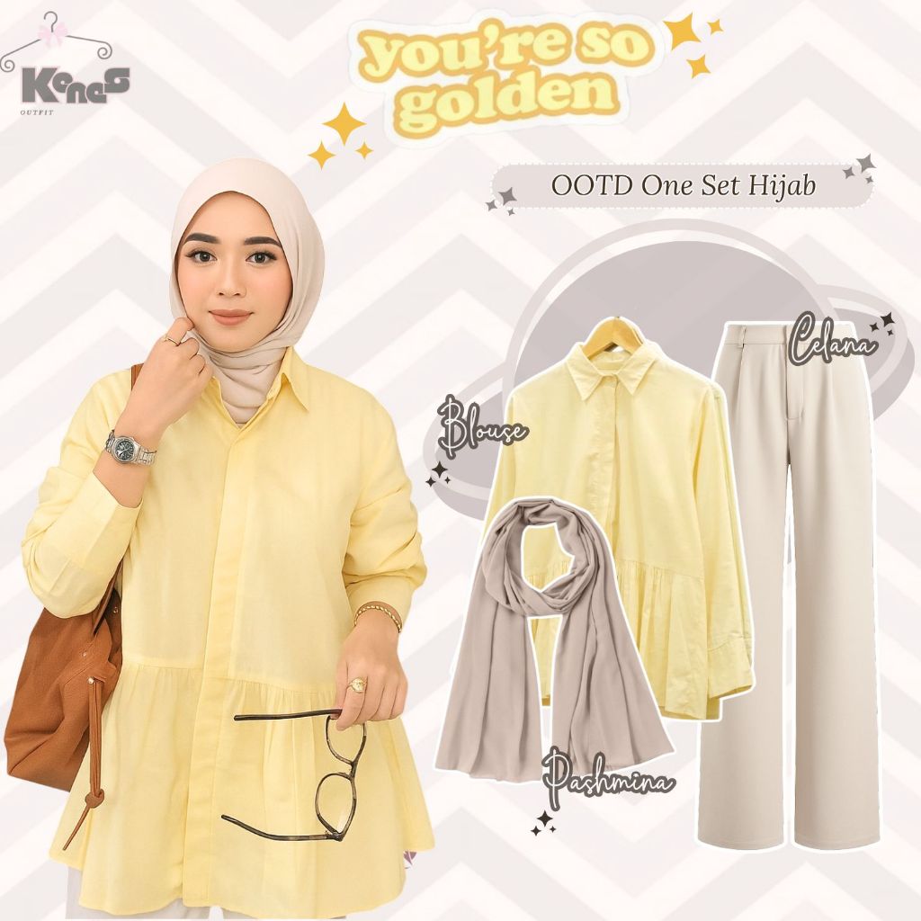 Kenes Outfit Set 3 in 1 (เสื้อสีเหลือง Sift, Jennie Knit Ivory, Pashmina Ceruty) ฮิญาบอินเทรนด์ - KN