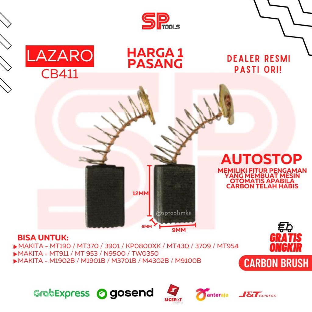 CARBON BRUSH / CHARCOAL / SPUL / BOSTEL / KOL / COL AUTOSTOP CB411 / CB411A LAZARO MT190 / MT370 / 3