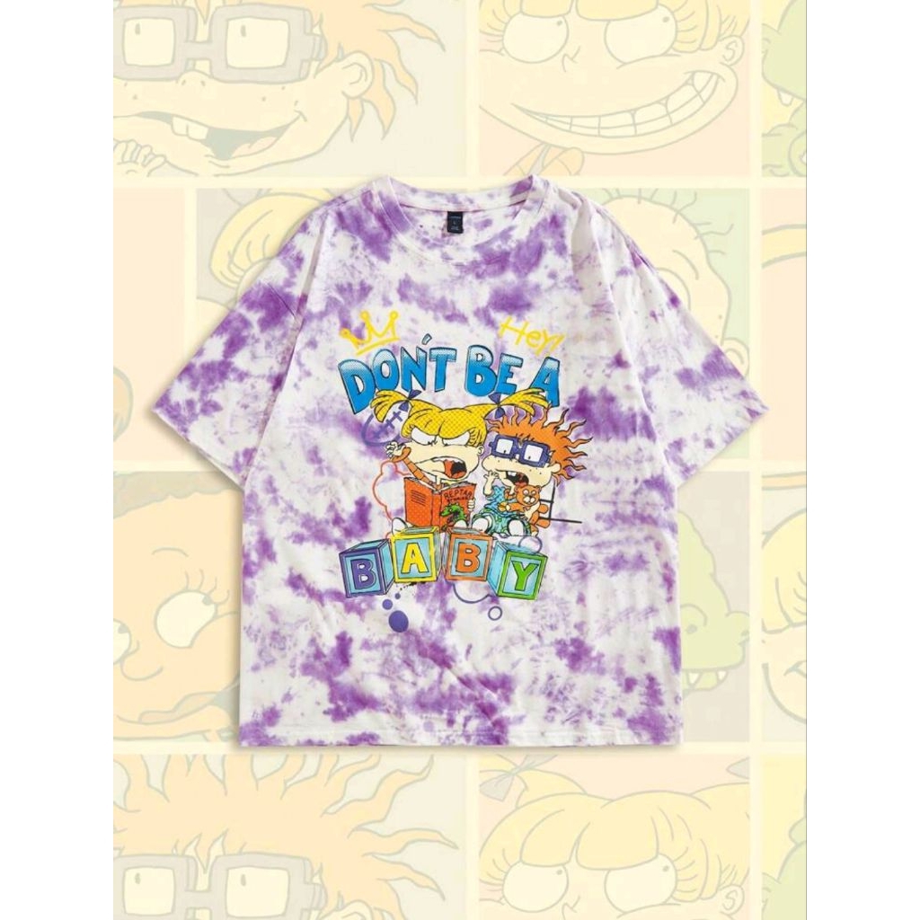 ROMWE MEN Nick 90s X ROMWE Mens Tie-Dye & Cartoon Pattern Round Neck Short Sleeve T-Shirt, Summer