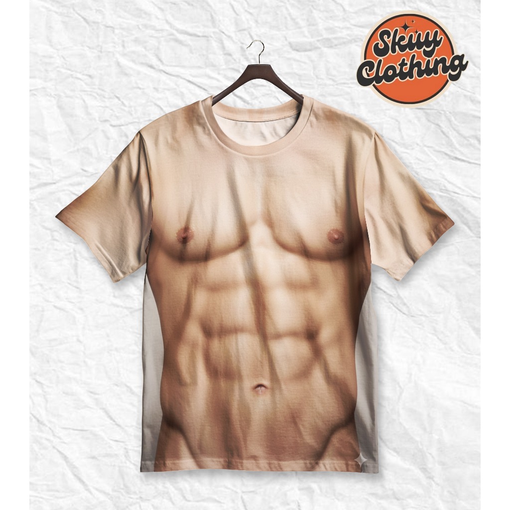 เสื้อยืด SKUY Fullprint สําหรับผู้ชายและผู้หญิงที่มีกล้ามเนื้อ Six Pack ที่สมจริงที่ไม่ซ้ําใคร | SK-