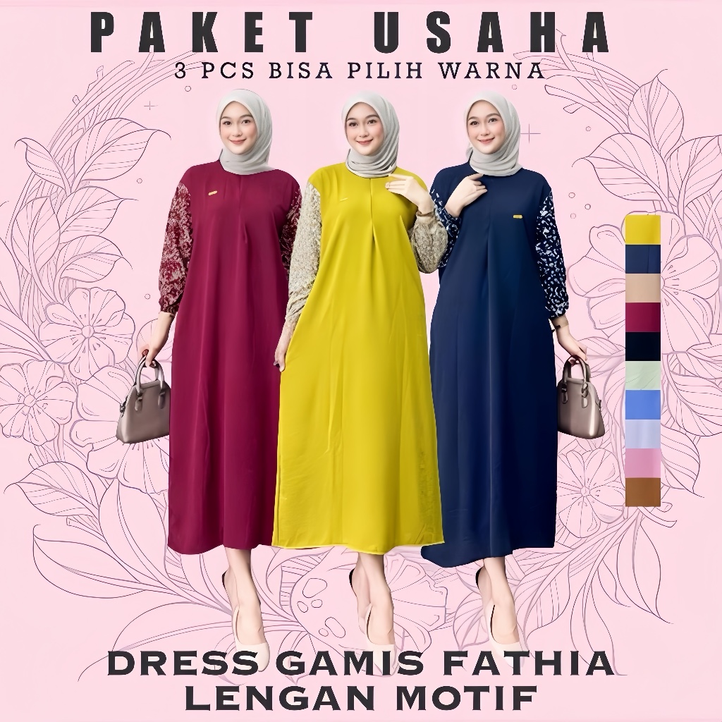 แพ็คเกจ 3 ชิ้น Fathia Gamis with Motif Sleeves, LD 120CM, PB 130CM, Cringkle Airflow Material, Mix R