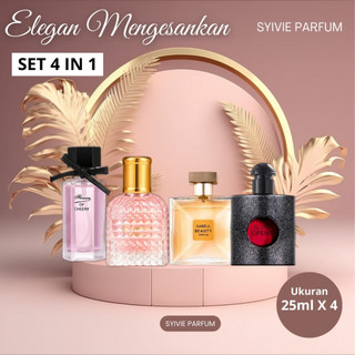 [ BISA COD ] SYIVIE EAU DE PARFUM Parfum Unisex Eksklusif Paket 4 in 1 Aroma Kayu-Floral Tahan Lama & Mewah untuk Kencan Anniversary Ulang Tahun & Hadiah Spesial Pasangan Pria Wanita | 3x25ml+1x30ml