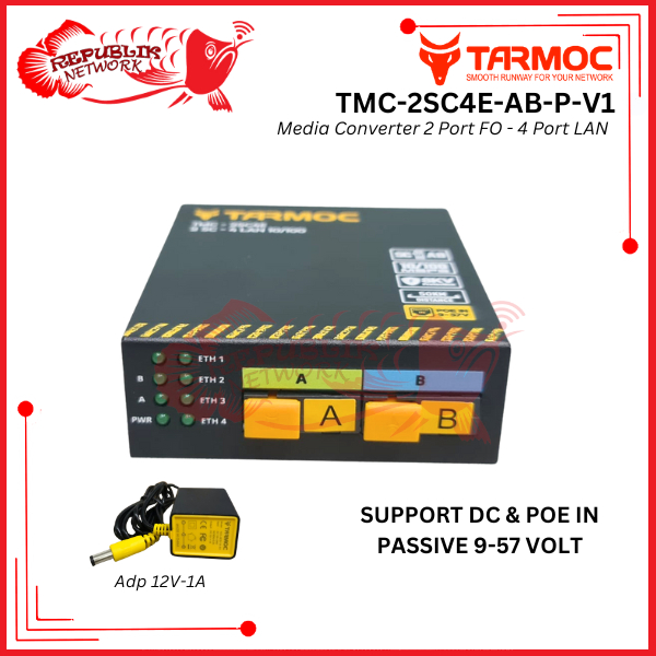 Tarmoc TMC-2SC4E-AB-P-V1 | Media Converter 2 FO 4 LAN 10/100Mbps POE IN 9-57 โวลต์ | 2 SC 4 LAN 9-57