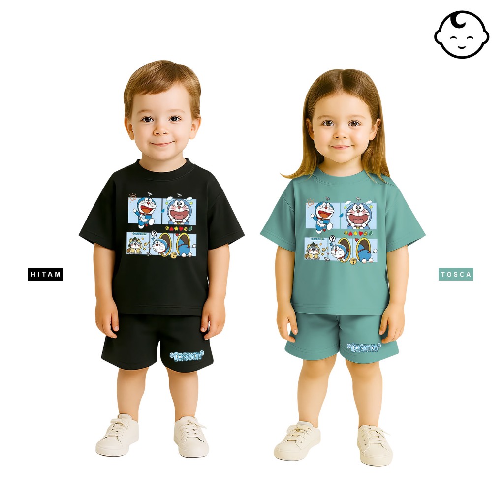 Unisex Boys & Girls T-Shirt Set with Cute Doraemon Cartoon Motif SIZE S-XXL สําหรับเด็กอายุ 6 เดือนถ