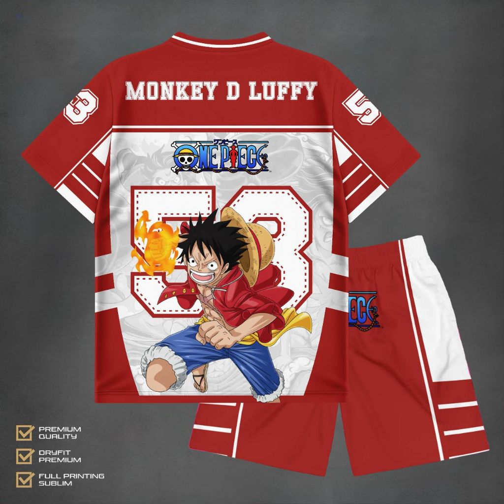 MERAH One Piece Luffy Red Premium Dryfit Kids Jersey Set |เสื้อเด็กชายพิมพ์ลายเต็มตัวลูฟี่วันพีซ