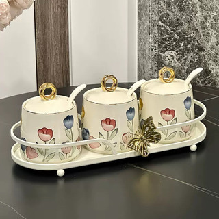 Tempat Bumbu Dapur Keramik Motif elegant 3 Set Lengkap Sendok + Rak Besi Eksklusif