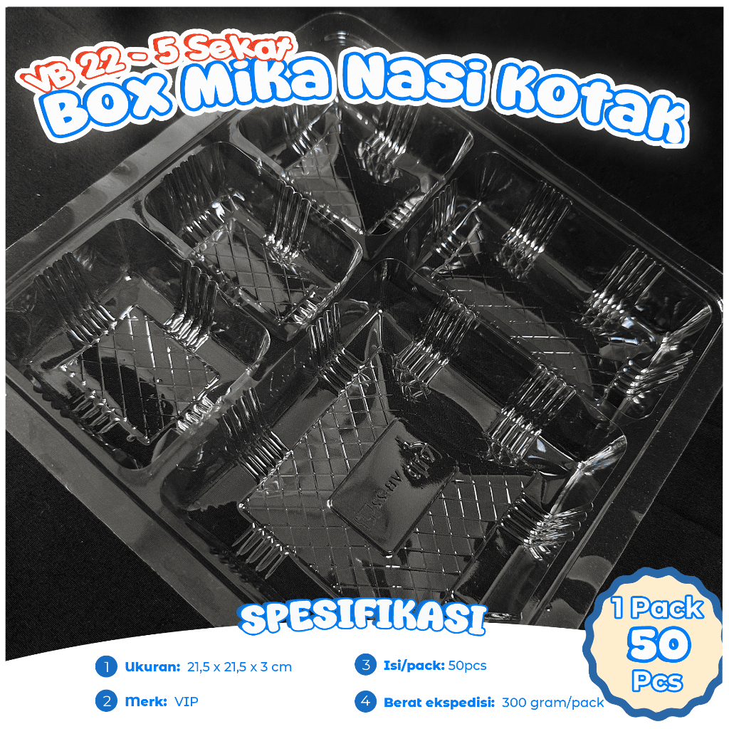 VIP VB-22 กล่องข้าว 5 ส่วน เนื้อหา Mica 50 ชิ้น / Mica สําหรับกล่องข้าวขนาด 22x22