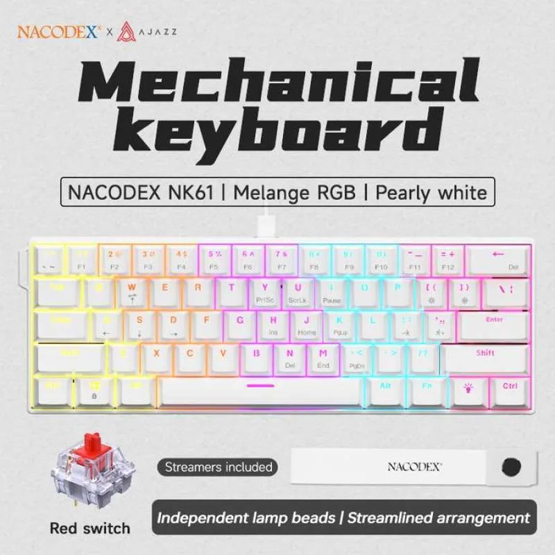 AJAZ NK61 WIRED MECHANICAL KEYBOARD (RED SWITCH) WHITE/BLACK, RAINBOW RGB