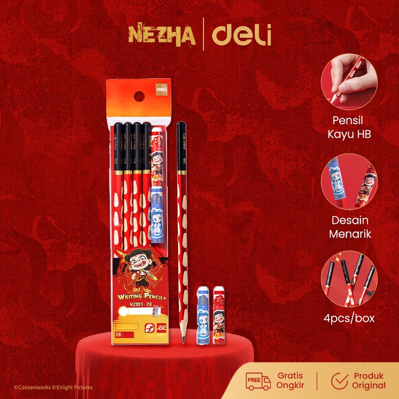 Deli x Nezha Pencil Graphite / ดินสอไม้ HB เนื้อหาฟรี 4 ชิ้น ฝาดินสอ NZ991-HB
