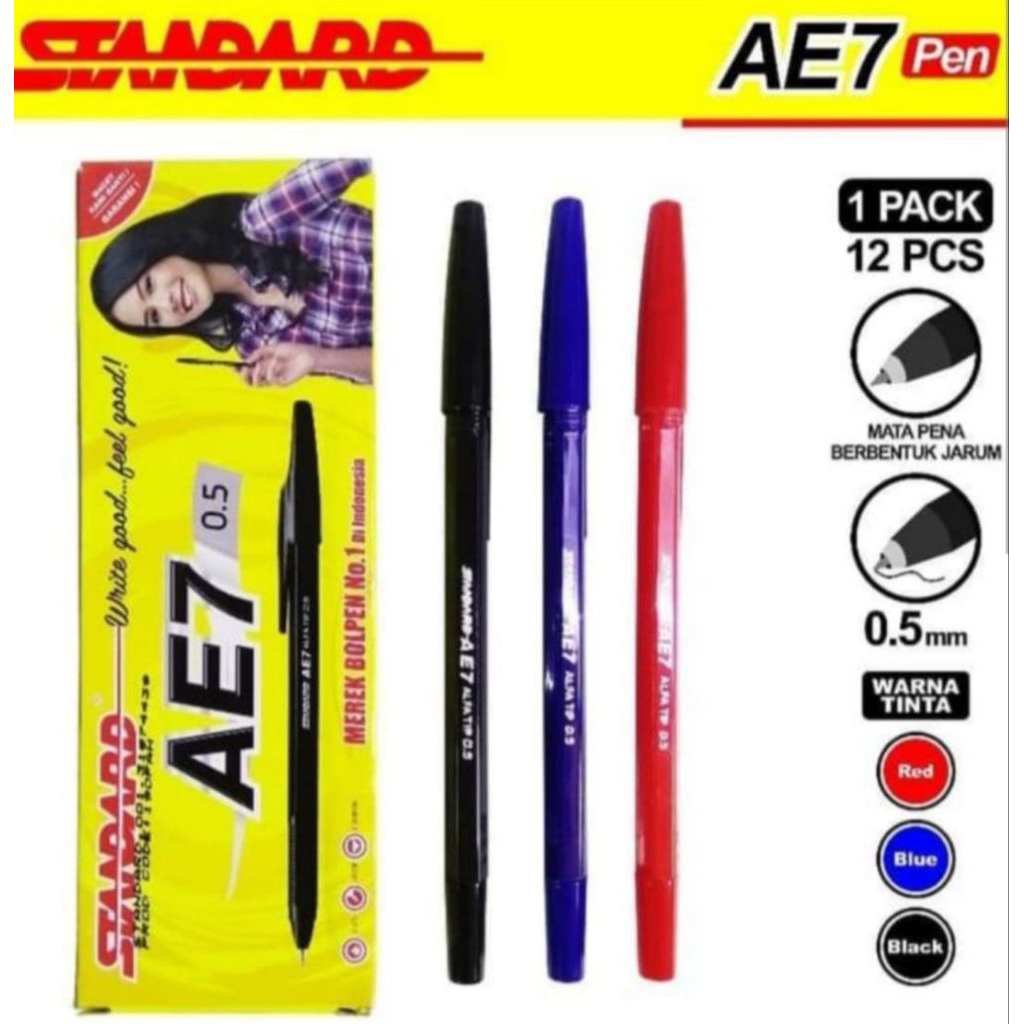 MERAH Standard AE 7 Pens in Black, Blue, Red 1 แพ็ค มี 12 ชิ้น