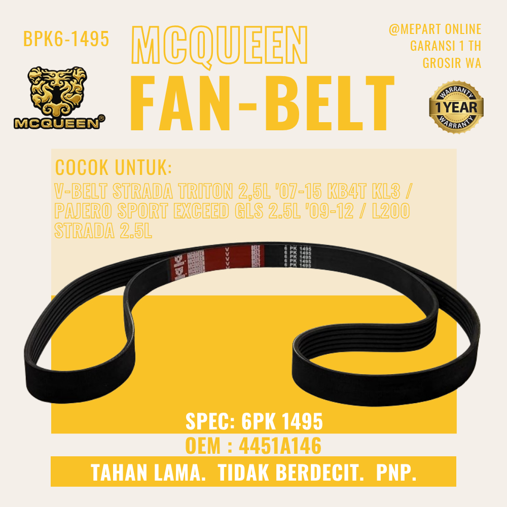 สายพานพัดลม V BELT MCQUEEN V-BELT STRADA TRITON 2.5L 07-15 KB4T KL3 / PAJERO SPORT EXCEED GLS 2.5L 0