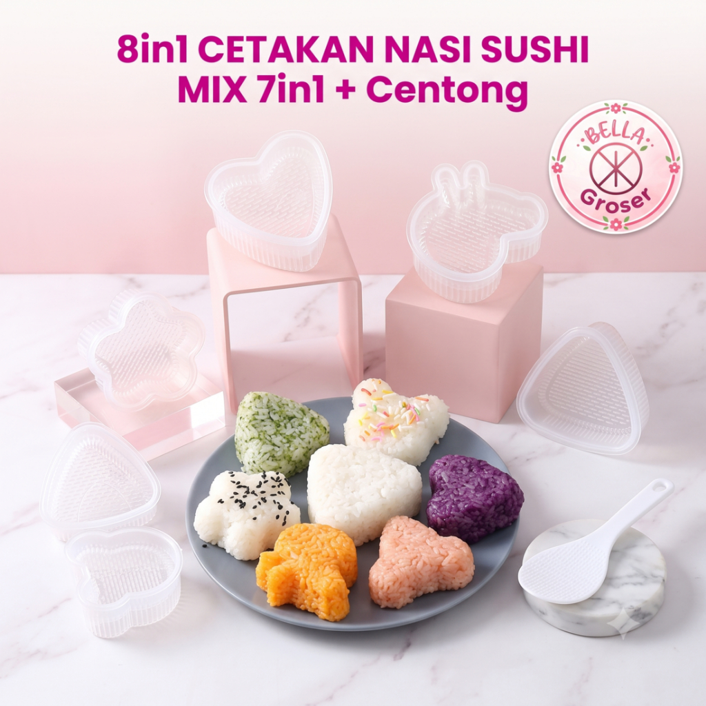 BELLA ขายส่ง | 8 in 1 SUSHI MIX RICE MOLD 7 in 1 + ทัพพี | Bento Sushi Onigiri แม่พิมพ์ข้าว ทัพพีไม่