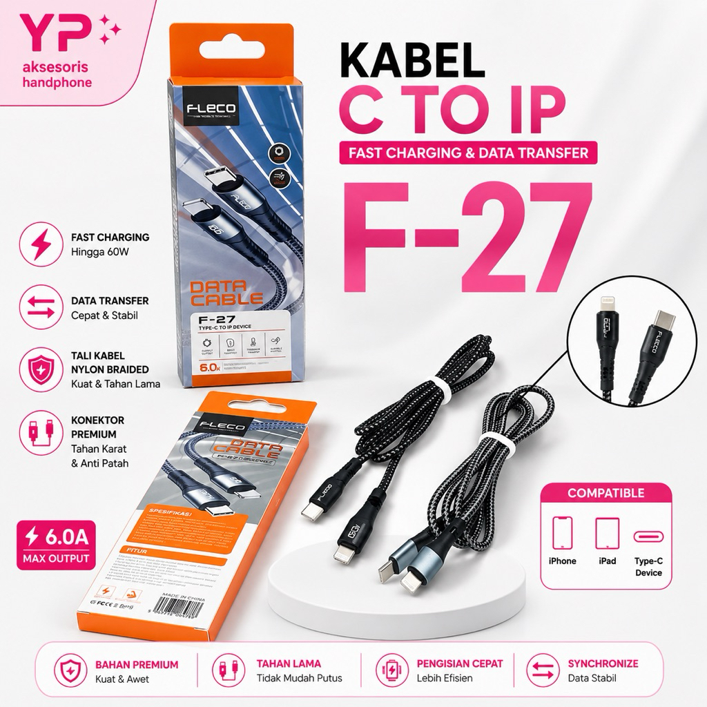 ORIGINAL FLECO F-27 3.1A Type-C ถึง IPHONE LIGHTNING สายไนลอน Fast Charging TO Type C F27