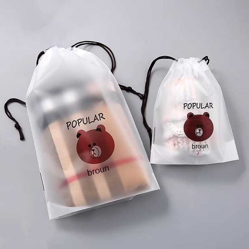 CUTE BEAR MOTIF DRAWSTRING TRAVEL POUCH / MULTIPURPOSE TRANSPARKENT TRAVEL POUCH ORGANIZER - BROUNST