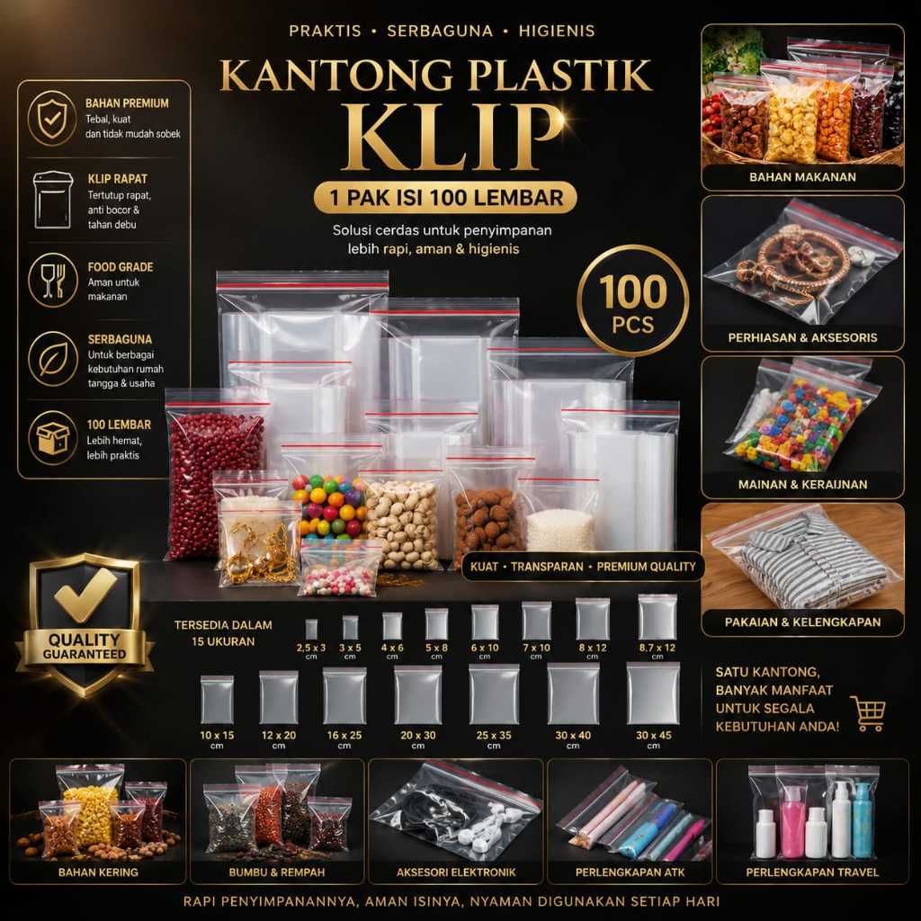 KLIP ถุงพลาสติก / ซิปล็อค / ซิปล็อก / ซิปล็อค / ขนาด 12x20 / 16x25 / 20x30 / 25x35 / 30x40 / 30x45 /