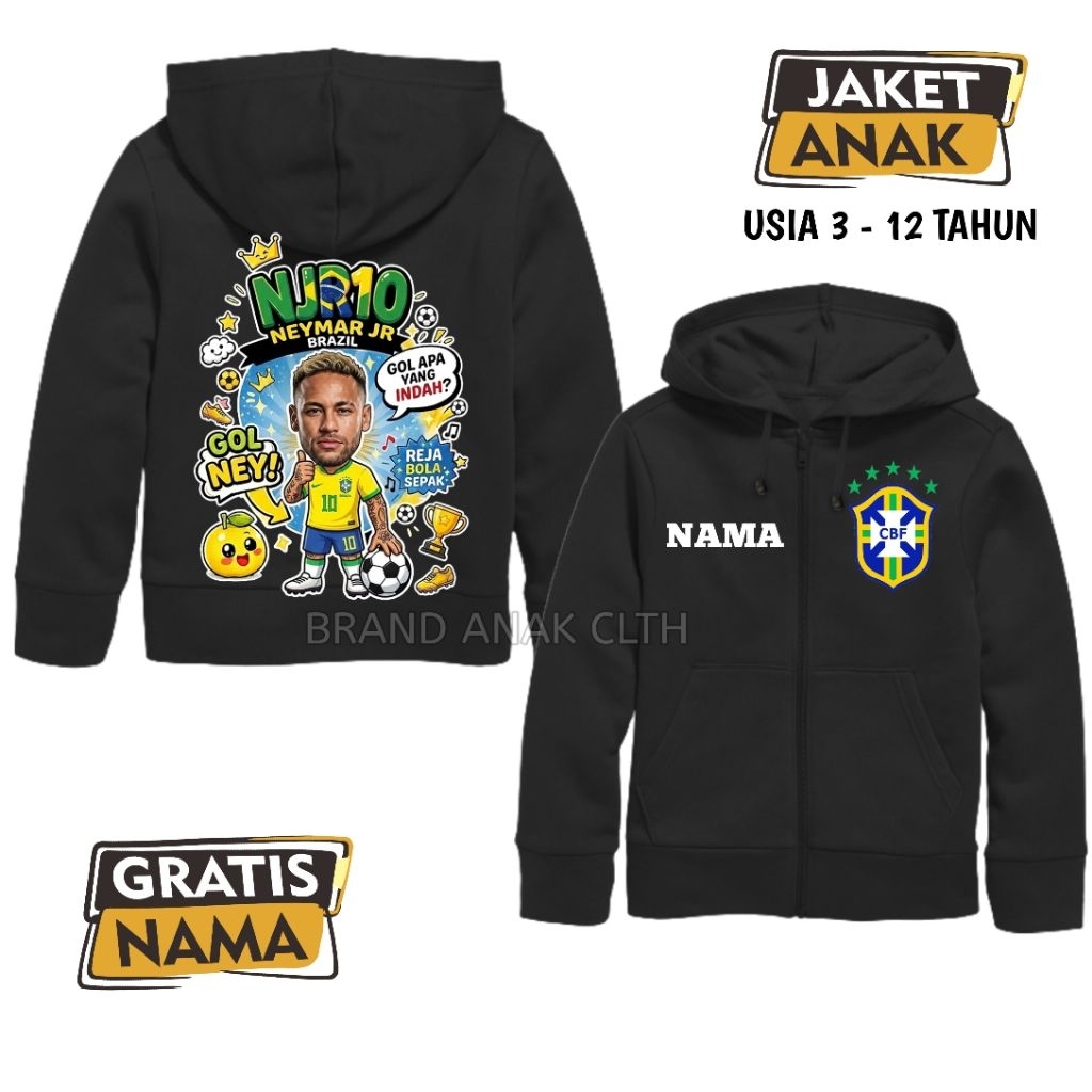 Neymar Jr Brazil Kids Hoodie Zipper Jacket - ชื่อฟรี Neymar Jr World Cup Jacket
