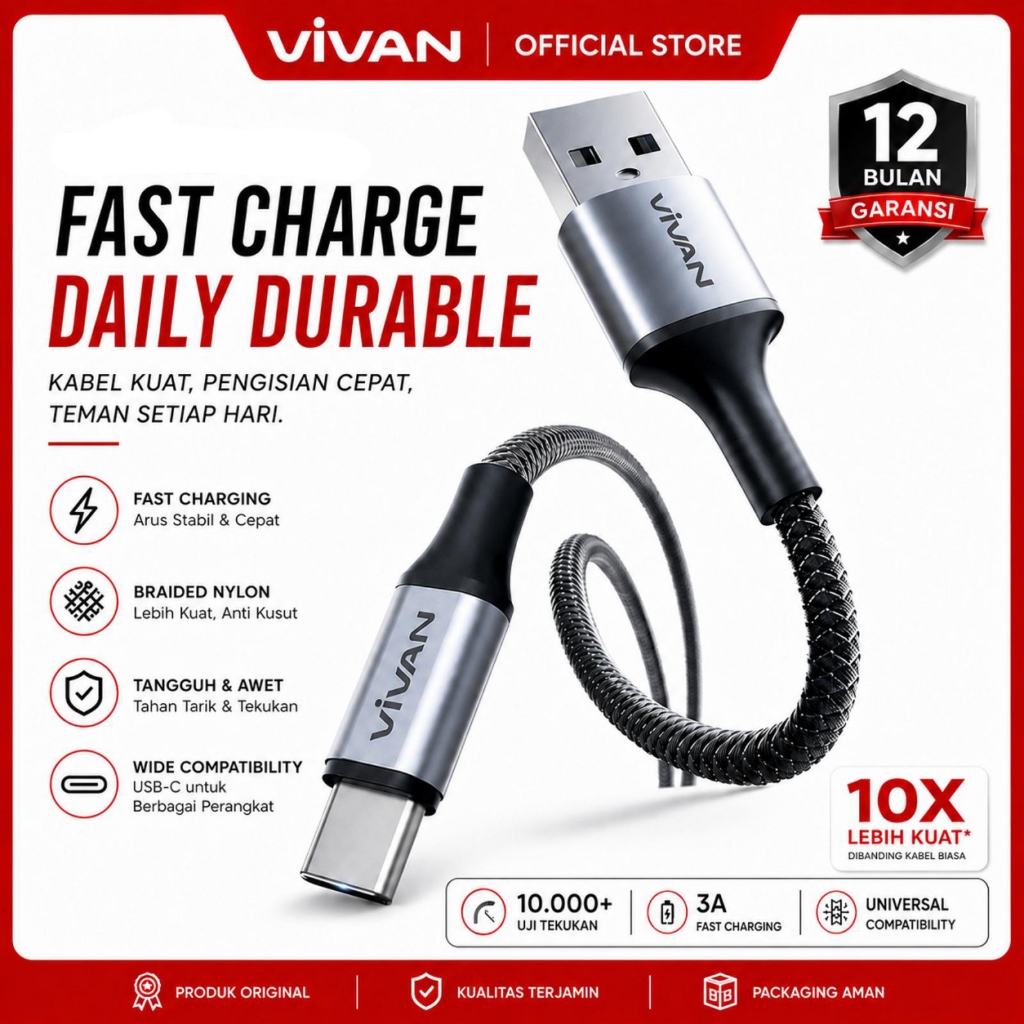 VIVAN VKF-AC100 USB-C / VKF-CC100 Type C to Type C / VKF-CL100 USB-C to Lightning Braided Data Cable