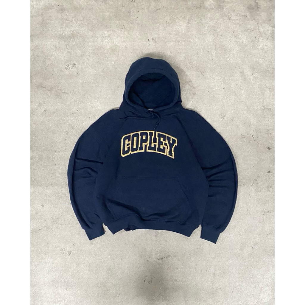 1990s Vtg Copley Navy Faded Boxy Hoodie โดย Gildan Heavy Blend
