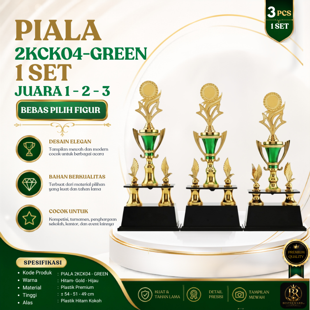 ถ้วยรางวัล 2 ขา 1 ชุด 3 ชิ้น 1st-2nd-3rd Place รุ่น CK04 สีเขียว - ถ้วยรางวัลขนาดใหญ่ ความสูง 54-51-