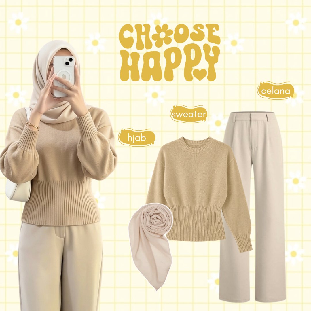 ชุดเสื้อกันหนาวและกางเกงถักอินเทรนด์ของผู้หญิง Jennie Hijab Bella Square One Set Outfit Viral AM307N