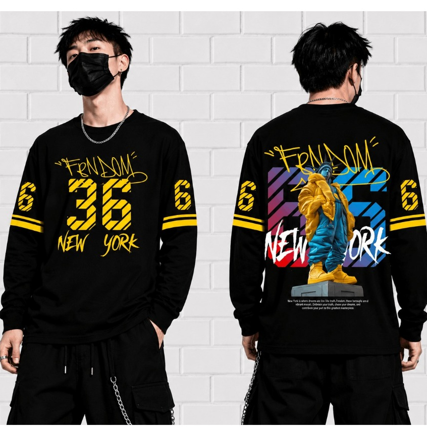 เสื้อยืดแขนยาว Sigai Distro พร้อม NEW YORK Motif, NUMBER 36, การพิมพ์สกรีนมือ