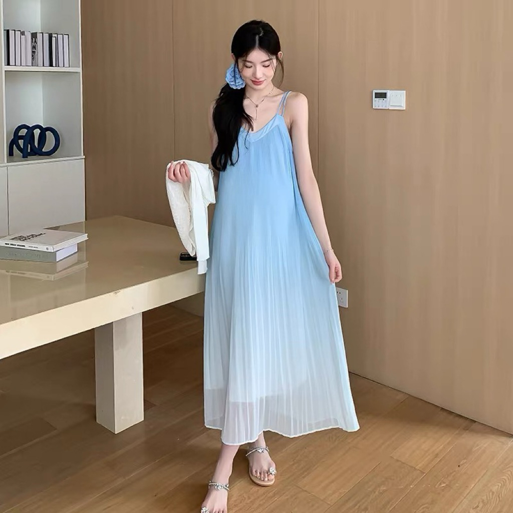 OMBRE LONG DRESS BLUE MAXI PLEATED KOREAN MX390