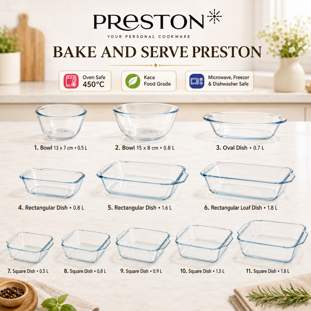Preston Bake N Serve ถาดอบชามแก้วหนา ทนความร้อนและเย็น 0.5L, 0.7L, 0.8L, 1.5L, 1.6L, 1.8L