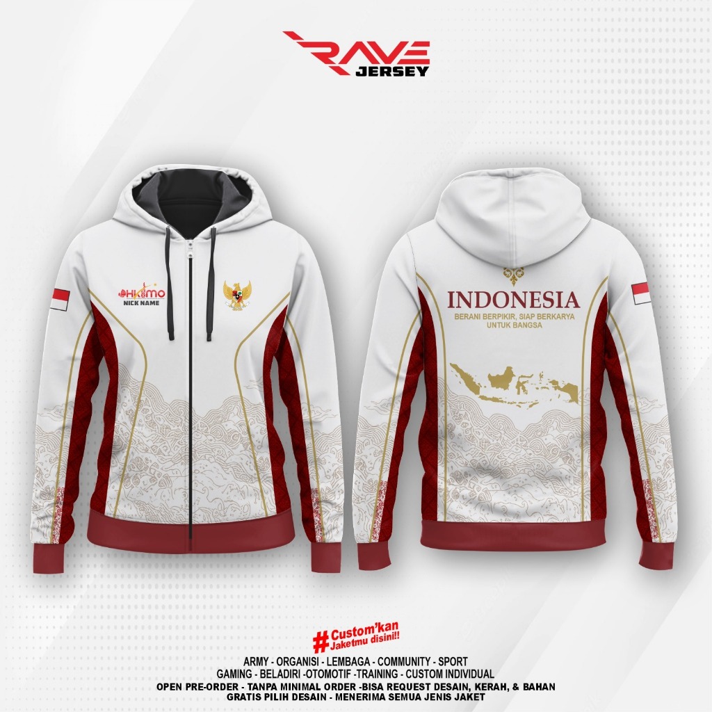 HKIMO เสื้อแจ็คเก็ตพิมพ์ลายเต็มรูปแบบที่กําหนดเอง INDONESIAN MOVEMENT JACKET