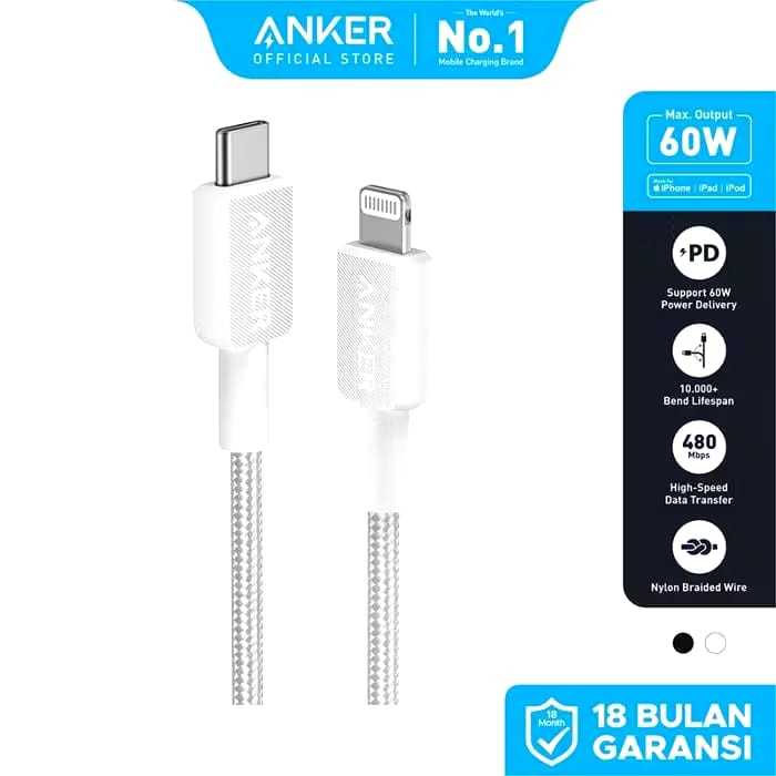Anker 322 Type C USB-C ถึง USB-C 60W A81F5 Usb C ถึง Lightning MFi 20W A81B5 สายเคเบิลข้อมูล 3ft 0.9