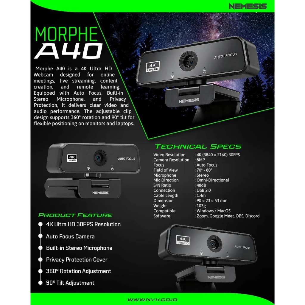 NYK Nemesis Webcam A40 Morphe 4K Ultra HD Webcam พร้อมโฟกัสอัตโนมัติและป้องกันความเป็นส่วนตัว