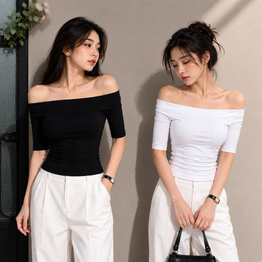 Zoey Womens Shoulder Top Sabrina Elbow Sleeve Korean Top