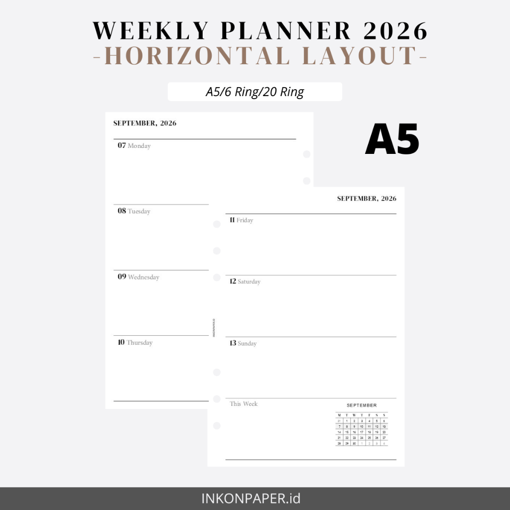 A5 - Planner 2026, Weekly Planner 2026 (DATED), เค้าโครงแนวนอน [PAPER เท่านั้น] โดย INKONPAPER.ID