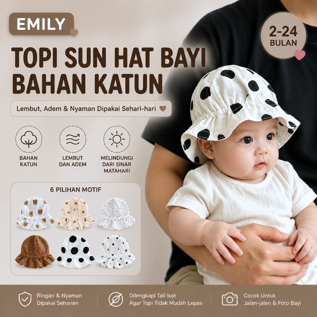 MATAHARI KATUN EMILY หมวกเด็ก Cotton Sun Hat 2-24 Month Cute Motif Baby Bucket Hat with Sun Protecti