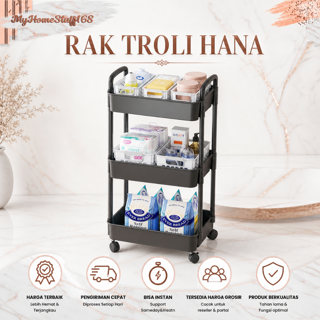 SALON TROLLEY RACK KITCHEN RACK WHEELS 3 TIER MULTIPURPOSE RACK BATHROOM RACK - HANA TROLLEY