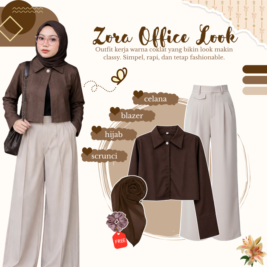 ฟรี Scruncie 3in1 ชุดบราวนี่ (Outer West Blazer + กางเกง Oro + Bella Hijab) ชุดมะฮอกกานีสมัยใหม่สําห