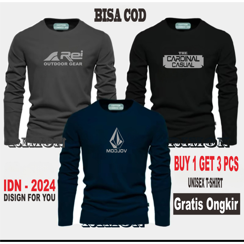 ซื้อ 1 แถม 3 ชิ้น เสื้อยืดแขนยาวพรีเมี่ยม Distro พร้อมโลโก้ Volkom Rei The Card Casual PJ พิมพ์เสื้อ
