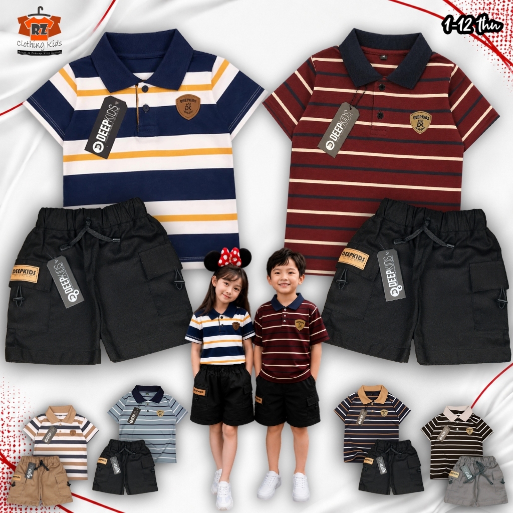 เด็กลายคอปกเสื้อยืด & กางเกงคาร์โก้สั้นชุดทําจาก 24ส ซีวีซี ฝ้าย & เบี้ยประกันภัย ฝ้าย สิ่งทอลายทแยง