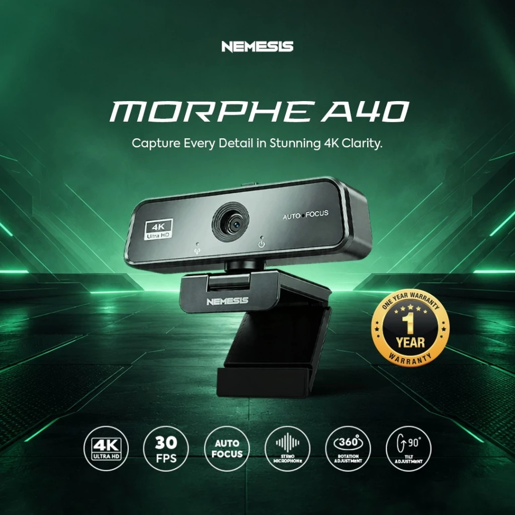 NYK NEMESIS Webcam A40 Morphe 4K Ultra HD Webcam พร้อมโฟกัสอัตโนมัติและป้องกันความเป็นส่วนตัว
