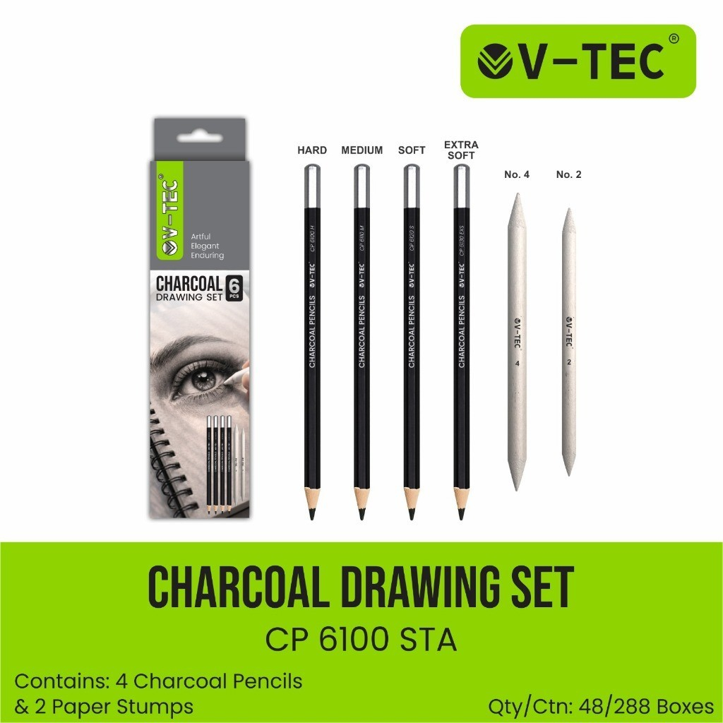 V-TEC ชุดวาดถ่าน 6 ชิ้นดินสอวาดถ่านพร้อมกระดาษ Stump CP 6100 STA