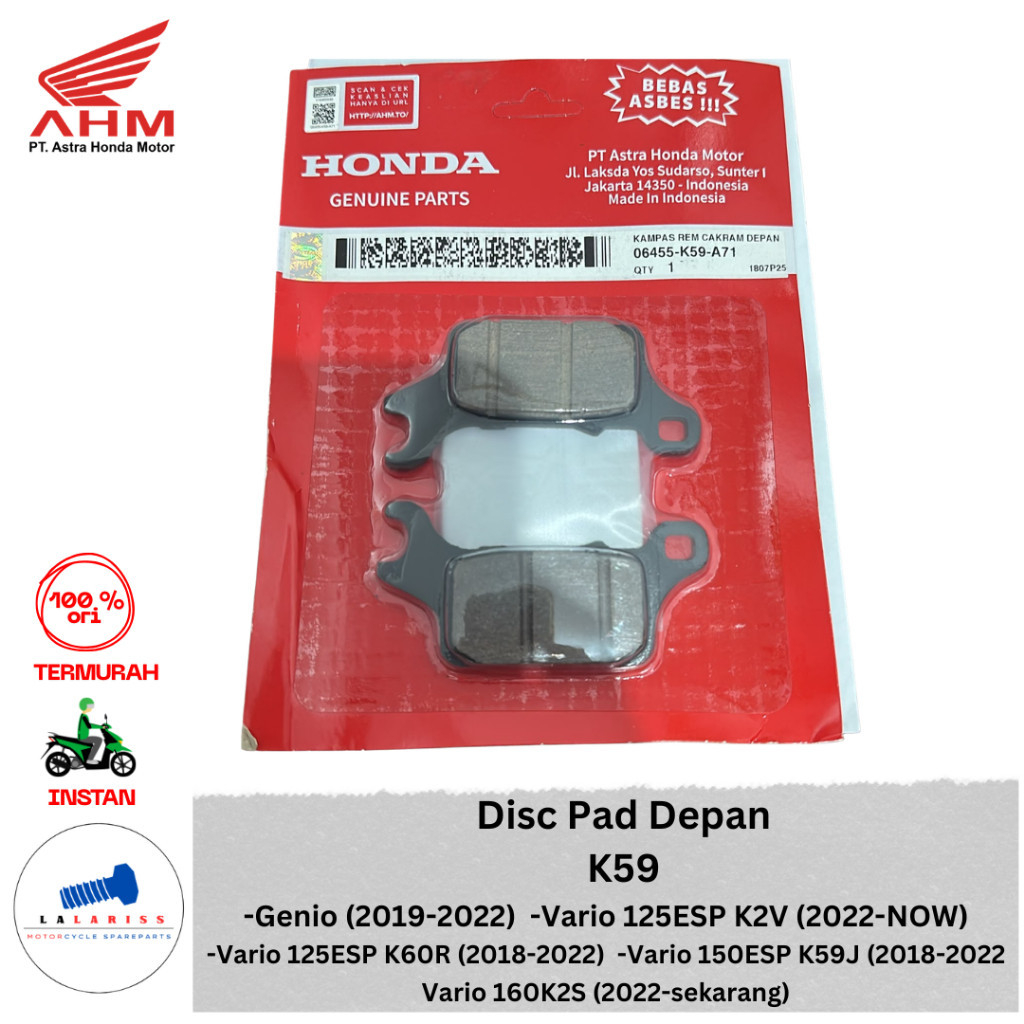 ผ้าเบรคหน้าสําหรับ Honda Vario 125 150 LED - K59 ORIGINAL AMH 06455-K59-A71