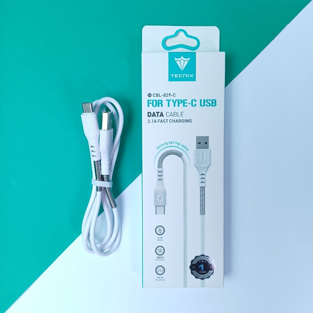 TECNIX CBL-829-C 3.1A Fast Charging Type-C Data Cable พร้อมตัวป้องกันลวดเกลียวยาว 1 เมตร