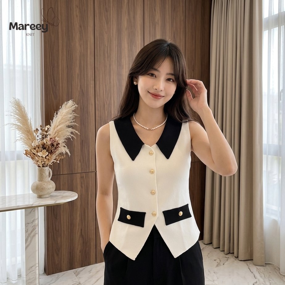 Mareey - เสื้อกั๊กคอติดกระดุมถักระดับพรีเมียมสําหรับผู้หญิง Davina (QAS)