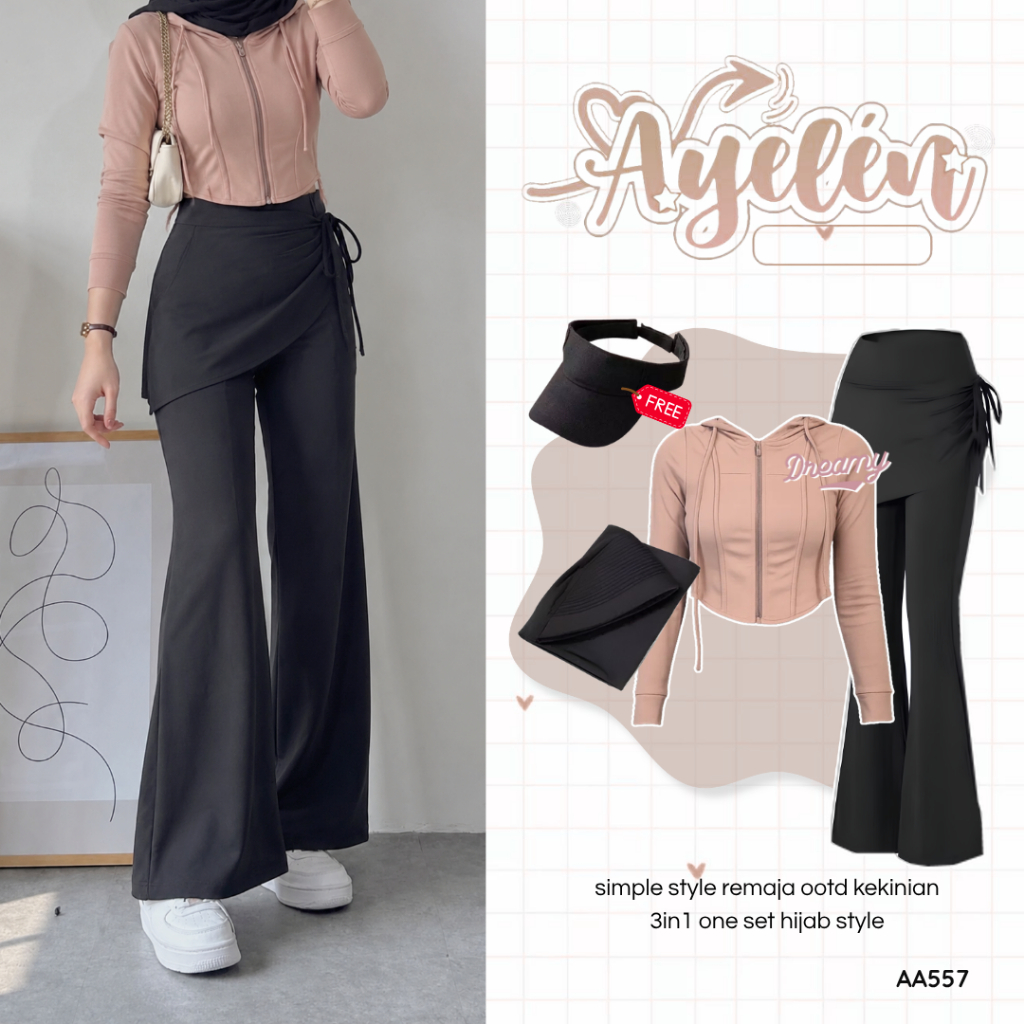 Dreamy - 3in1 One Set Sports Outfit Sporty Trend (Sport Hijab + Top + Cutbray Leggings) Simple Sport