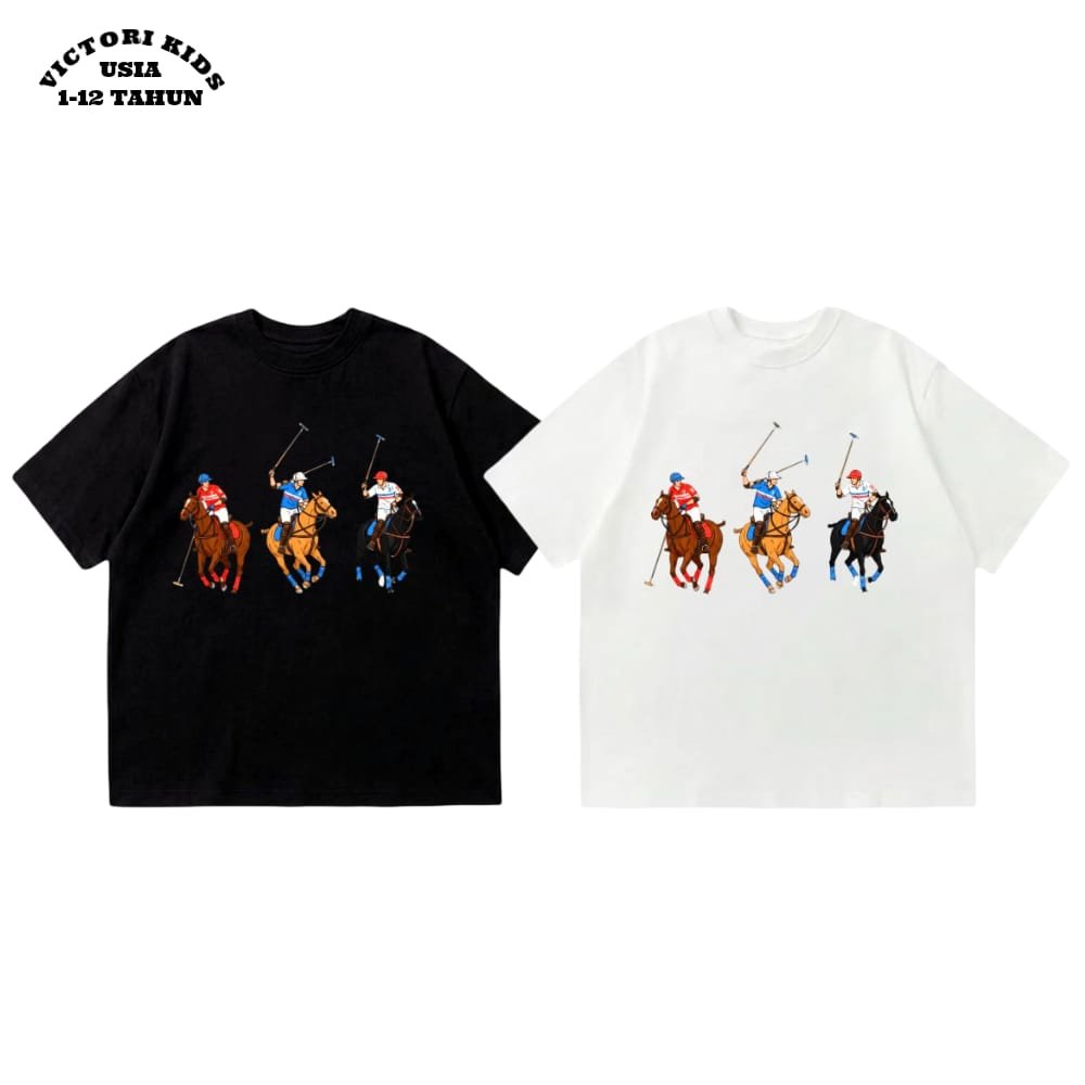 Victori Kids T-Shirt AGES 1-12 Years Polo Player Motif แขนสั้น สีดําสีขาว